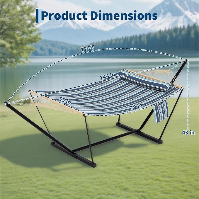 Double Hammock with Stand for Outdoor - Heavy Duty Portable 2 Person Hammock with Adjustable Steel Stand, 450 Lbs Capacity Free-Standing Fabric Hammock Bed with Spreader Bars, Pillow & Side Pocket