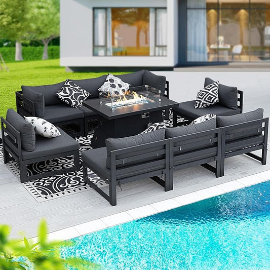 BULEXYARD 9 Pcs Modern Aluminum Outdoor Patio Furniture Set with Fire Pit Table Propane/Gas, Extra Large All-Weather Modular Sectional Couch, 29" Wide Deep Seat, Conversation Sofa for Deck, Dark Grey