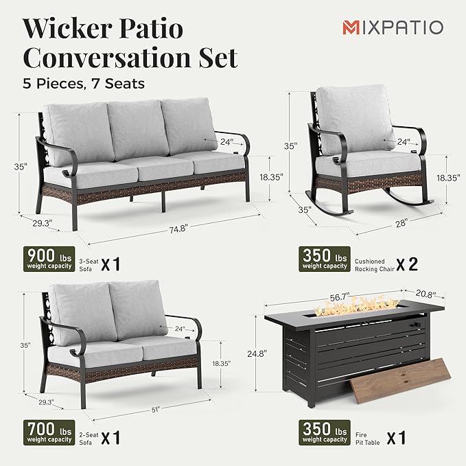 Patio Furniture Set with Fire Pit Table, Metal Outdoor Conversation Set with 2 Rocking Chairs, Loveseat Sofa, 3-Seat Sofa and Gas Fire Pit Table for Lawn Garden Backyard, Light Grey