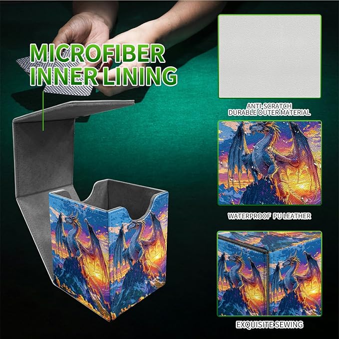 Mountain Sunset Dragon Card Deck Box for MTG, Personalized Card Storage Case Fits 120+ Sleeved Cards, Premium Leather TCG Box with Strong Magnetic Closure for Magic, PTCG, Baseball Cards