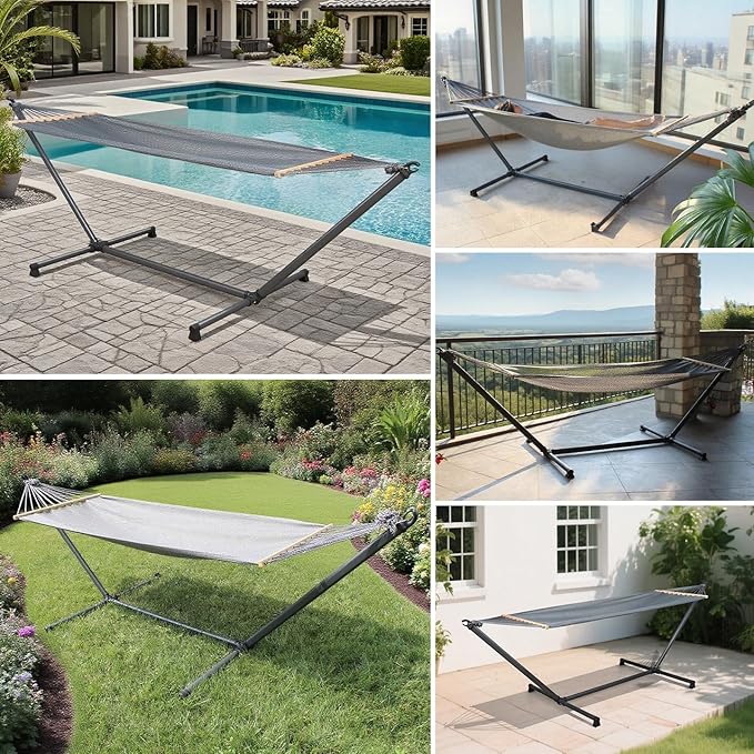 SUNJOY Portable Hammock with 10FT Heavy Duty Steel Stand and Spreader Bars - Ultra-Light 24.25 lbs - Portable Single Person Hammock with Stand for Outdoors, Outside, Backyard, Patio