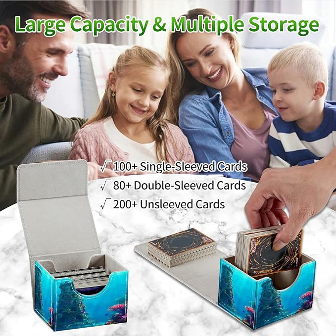 Card Deck Box for MTG, Cards Storage Box Fits 120+ Sleeved, Leather Small Size Strong Magnetic Closing Card Case for Board Games Magic TCG CCG Baseball Collection, Underwater Castle