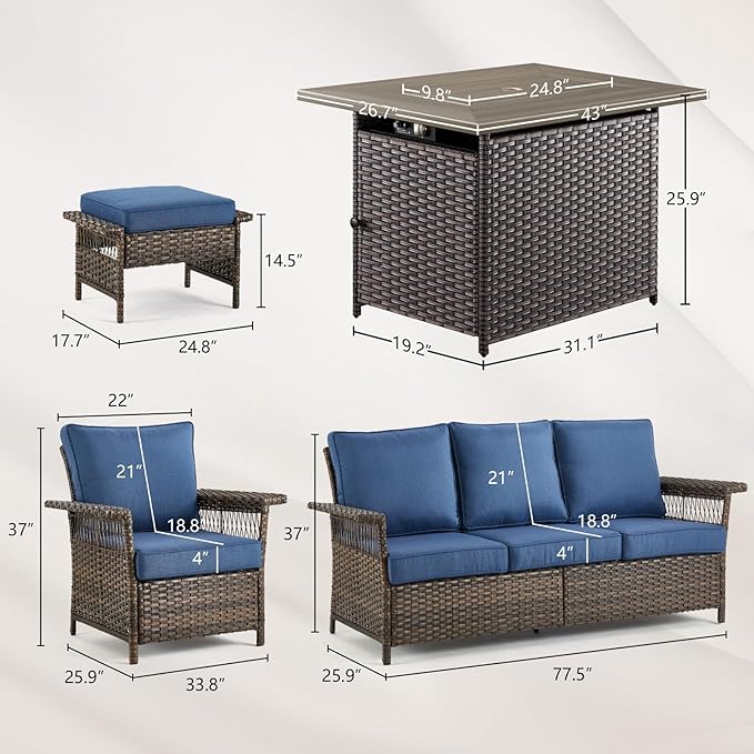 Patio Furniture Set with Fire Pit Table, 6PCS Patio Conversation Set Brown Resin Wicker Patio Chair Sofa Ottoman with 41in Rectangular Outdoor Fire Table PE Rattan Furniture Set
