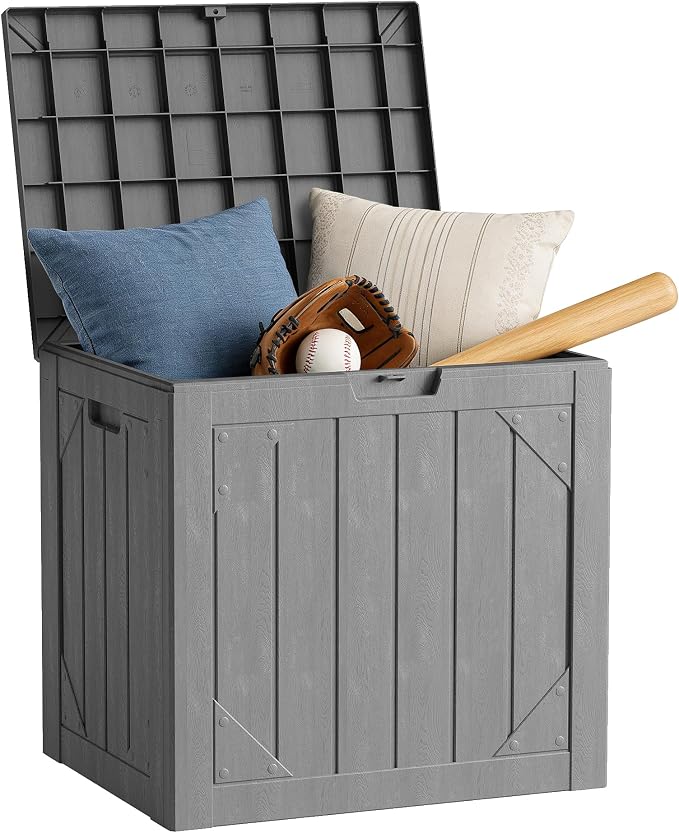 30 Gallon Outdoor Storage Box, Waterproof Resin Deck Box with Lockable Lid Large Storage Bin for Patio Furniture Cushion, Garden Tools, Pool Accessories, UV-Resistant Outside Delivery, Gray