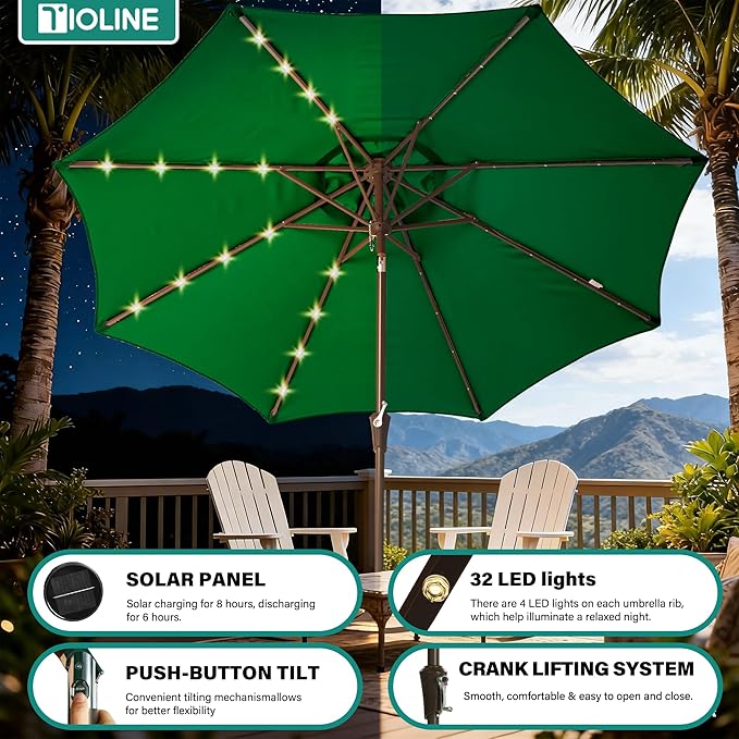 9FT Solar-Powered LED Patio Umbrella with Tilt Crank,Outdoor Market Umbrella with 32 Lights,Sunshade for Deck, Garden and Pool