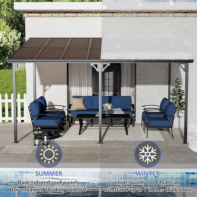 10' x 14' Lean to Gazeb,Hardtop Galvanized Steel Pergola with Sloped Polycarbonate Roof,Wall Mounted Gazebo Patio Canopy with Ground Anchor for Backyard Deck