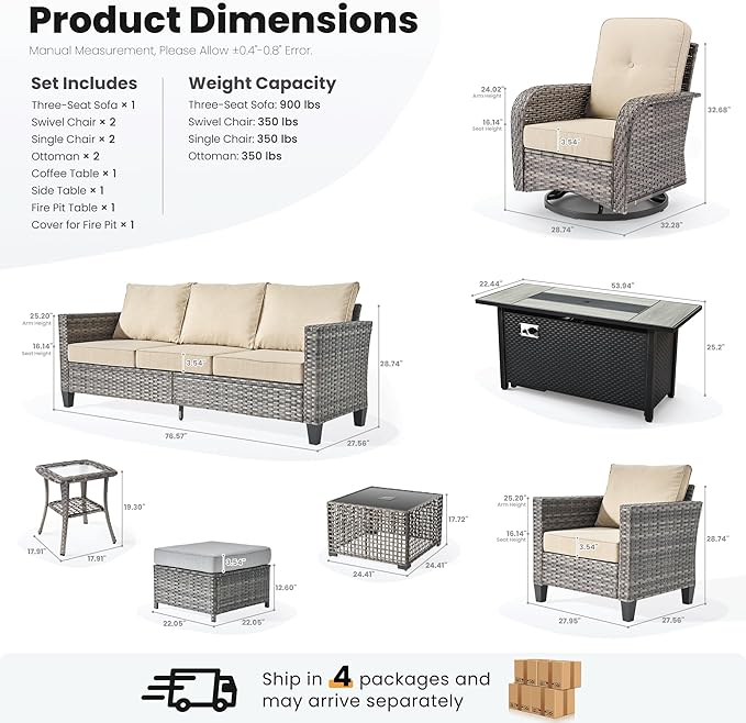 ovios 10 Pieces Patio Furniture Set, Outdoor Wicker Sofa Couch with Rocking Swivel Chairs Solar Light Table Fire Pit, Modern Deep Seat Rattan Conversation Sets, Beige