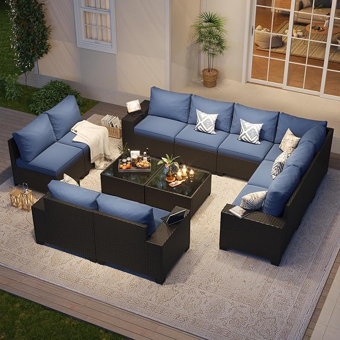 Aoxun Patio Furniture Set, 12 Pcs Outdoor Patio Furniture Sets with 4 in Thicken Cushion, Widen Armrests Wicker Outdoor Sectional for Backyard (Waterproof Cover Include)