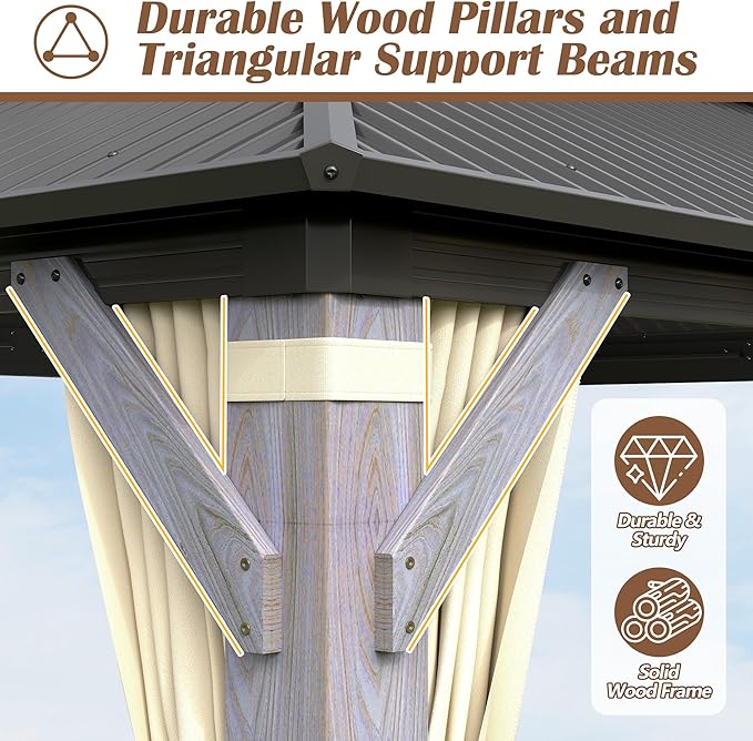 12' x12' Wood Gazebo, Outdoor Hardtop Gazebo with Wood Posts and Galvanized Steel Doule Roof, Wooden Frame Gazebos with Netting and Curtains for Patio Backyard Deck Garden