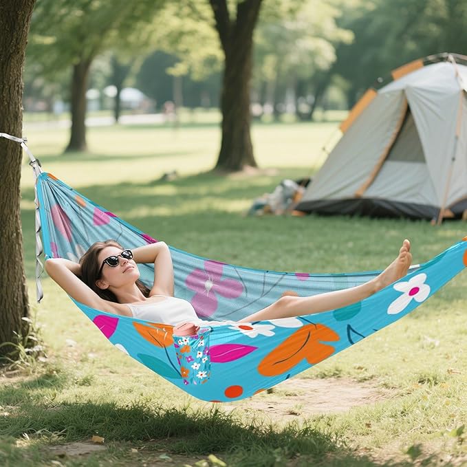 Blue Background Colorful Flowers 330lb Capacity Outdoor Hammocks with Tree Straps Cloth Hammock for Camping & Hiking Essential soporte para hamacas para adultos
