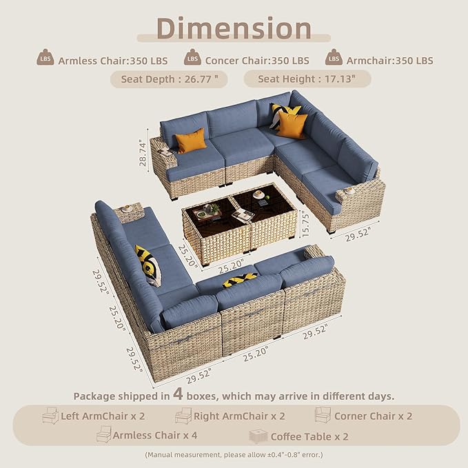 Patio Furniture Sets 12 Pieces Outdoor Sectional Rattan Sofa Manual Weaving Wicker Patio Conversation Set with Ottomans and T Cushion(Light Blue)