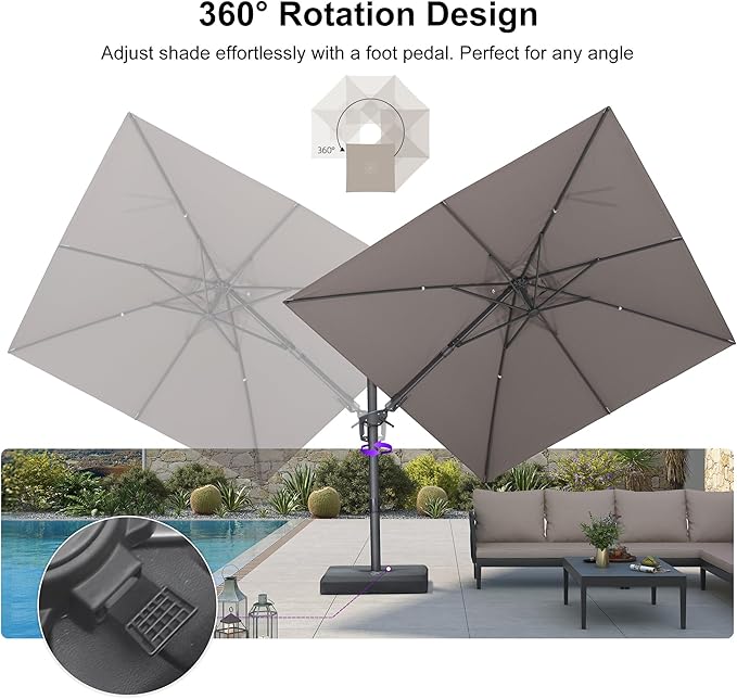 PURPLE LEAF 9' X 12' Swivel Outdoor Patio Aluminum Umbrella with Base Left-right Tilting Cantilever Offset Umbrella with UV Resistant Heavy Duty Fabric for Deck Pool Patio Backyard, Ash Mocha