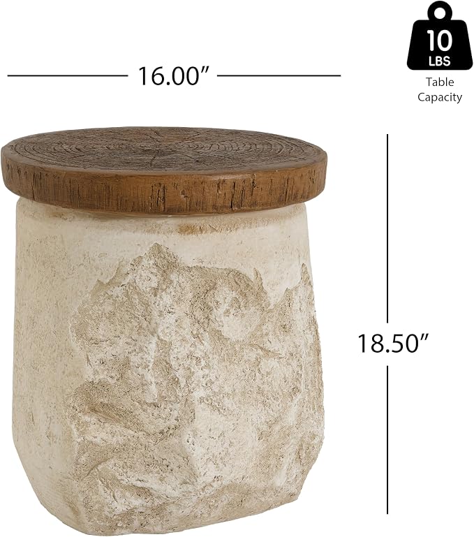 Merax Outdoor Patio MGO Side Table, 18.5" Height Round Side Table with Stone-Effect Base & Faux-Wood Grain Top, Rustic Modern Patio End Table Stand for Balcony Poolside, Fully Assembled, Beige+Wood