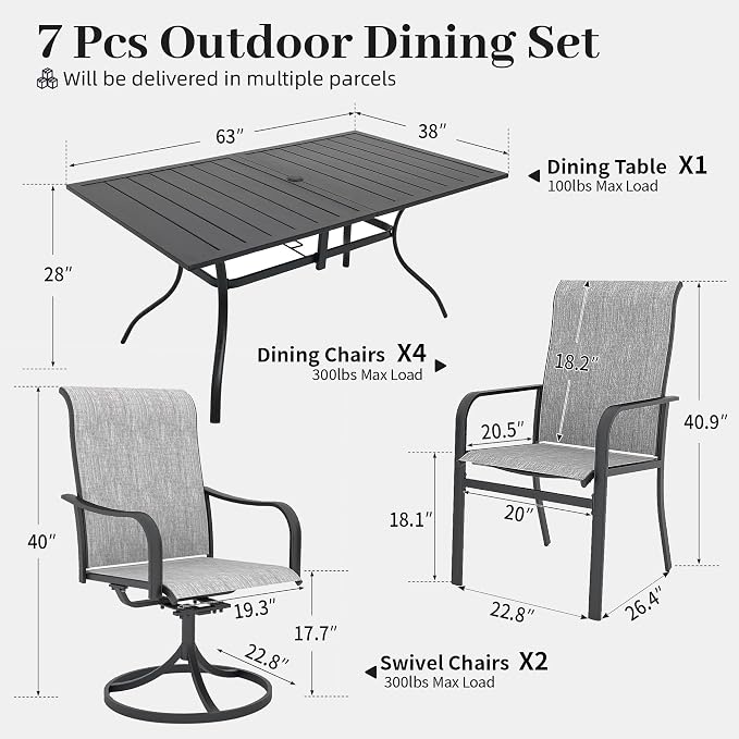 7pcs Patio Furniture Set, Outdoor Dining Table and Chairs Set | 63" Rectangle Metal Patio Table, 4pcs Textilene Dining Chairs, 2pcs Swivel Textilene Chairs, Double-sized Umbrella Hole
