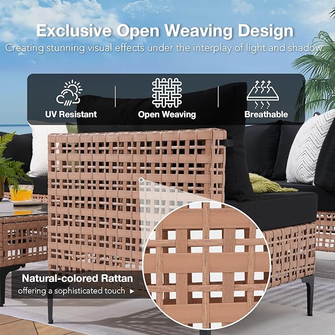 Patiorama 8 Piece Wicker Patio Furniture Set with 45” Fire Pit Table,Natural-Colored PE Rattan Outdoor Sectional Sofa, 50000 BTU Propane Fire Pit w/Wind Guard,Cover,Water Resistant Cushion-Black
