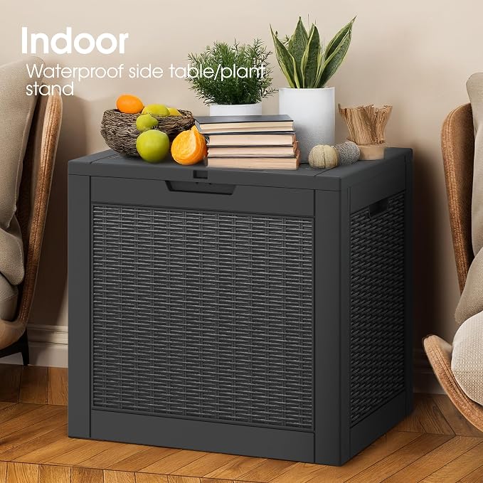 Outdoor Storage Box, 35 Gallon Resin Deck Boxes Outdoor Waterproof For Patio Furniture, Garden Tools, Pool Supplies, Lockable And UV Resistant (Rattan Black)