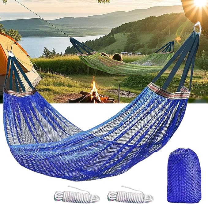 Outdoor Hammock, Super Soft and Breathable Nylon Mesh Hammock, with Portabl Carry Bag, Maximum Load of 440 LB, Camping Accessories for Indoor Outdoor Hiking Backpacking Backyard Beach (Blue)