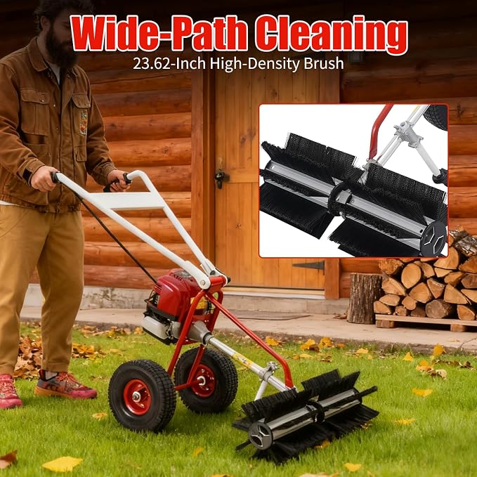 4-Stroke Gas Powered Hand Push Sweeper, Strong Power Lawn Sweeper Machine with 23in Long High-Density Brush, Artificial Grass Brush Gasoline Powered Broom for Lawn, Driveway, Snow