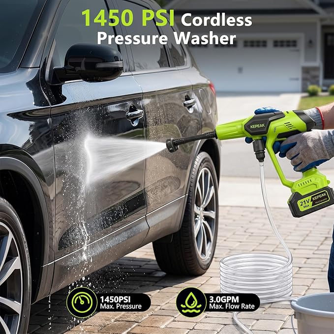 KEPEAK Cordless Portable Washer, 1450 PSI Battery Operated Washer with 6-in-1 Nozzle, 2Pcs 4.0Ah Batteries and Charger, Handheld Washer for Car,Home,Garden Patio