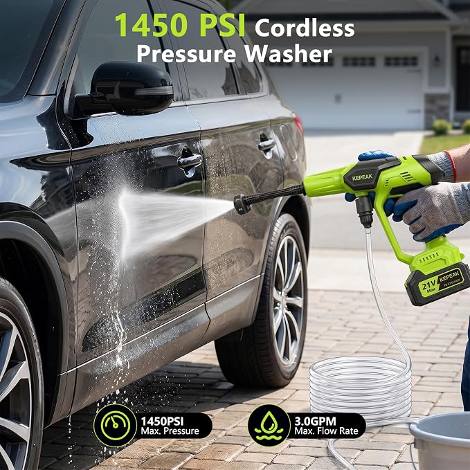 Cordless Portable Washer, 1450 PSI Battery Operated Washer with 6-in-1 Nozzle, 2pcs 4.0Ah Battery&Charger, Handheld Washer for Car,Home,Garden Patio