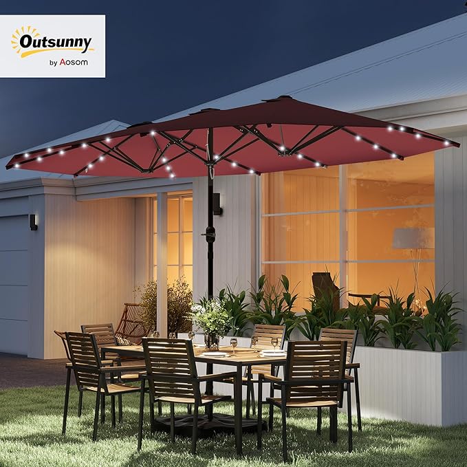 Outsunny 14.4ft Large Patio Umbrella with 36 Solar LED Lights, Double Sided Outdoor Umbrella with Base Included