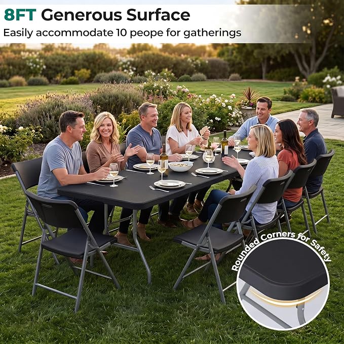 Goplus 8ft Plastic Folding Table, 350 LBS Outdoor Heavy Duty Folding Tables with HDPE Tabletop, Handle, Lock, Foldable Rectangle Portable Utility Card Table for Picnic, Party, Camping, Dining