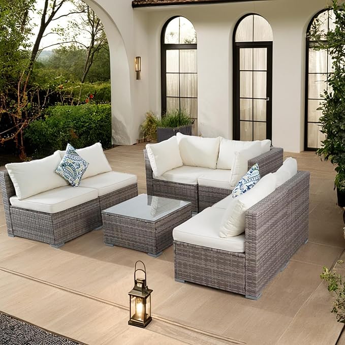 7 Piece Outdoor Patio Sectional Sofa Set, All-Weather Wicker Patio Furniture Set, with able Cushions & Tempered Glass Table for Backyard, Poolside, Garden Patio Conversation Sets