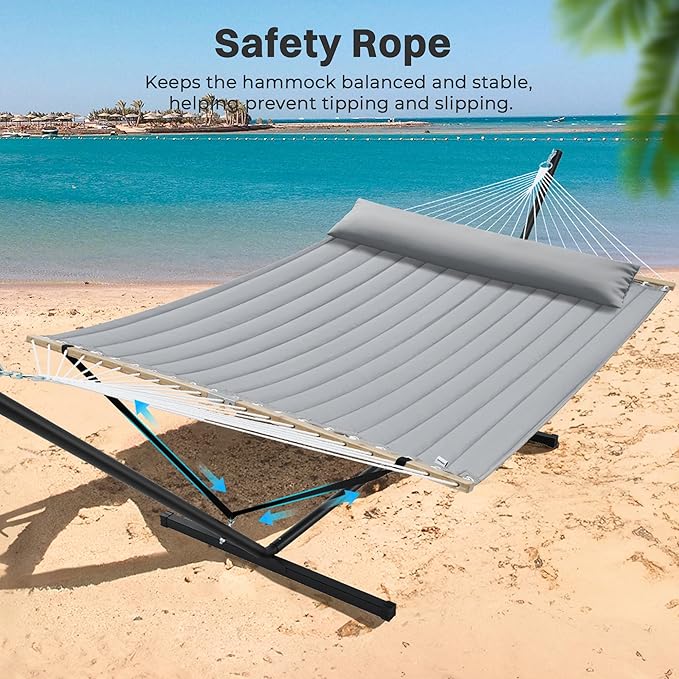 SUPERJARE Hammock with Stand, 2 Person Quilted Outdoor Hammock, Detachable Pillow & Bamboo Spreaders, Portable Hammock with Carrying Bag, Heavy Duty Stand, Perfect for Outside, Patio, Gray