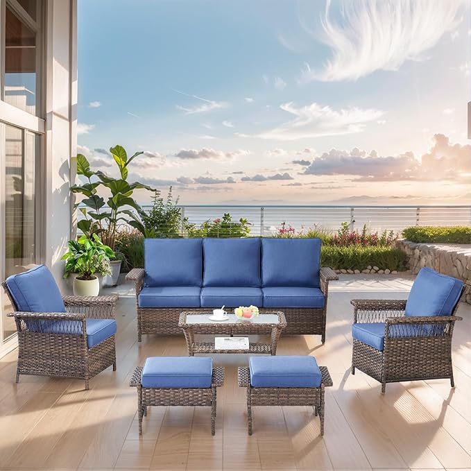 Outdoor Wicker Patio Furniture Set - 6 Piece Rattan Patio Conversation Sets with 2 Armrest Chairs,2 Ottomans,1 Sofa and 1 Coffee Table for Porch Deck Sunroom(Brown/Blue)