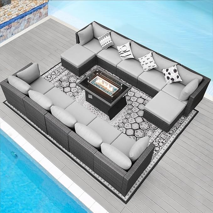 NICESOUL 13 Piece Patio Furniture w/Fireplace, Elegant Outdoor Seating w/Firepit, XL Size 29.3'' High Back Sectional Sofa, All-Weather Rattan Deck Couch, Modular Sturdy Conversation Set, Light Gray