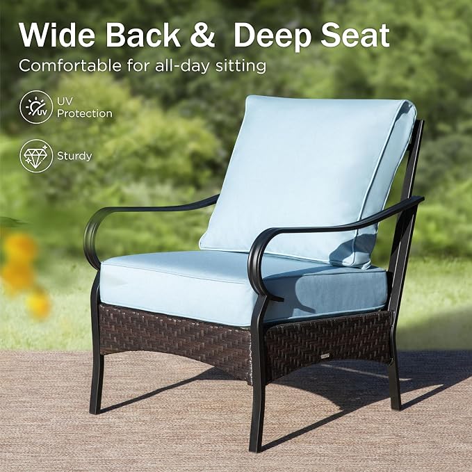 PHI VILLA Outdoor Modern Patio Furniture Set, Upgraded Wicker & Metal Patio Conversation Set with Waterproof Thick Cushions for Porch, Poolside, Yard (5 Pieces,Blue)