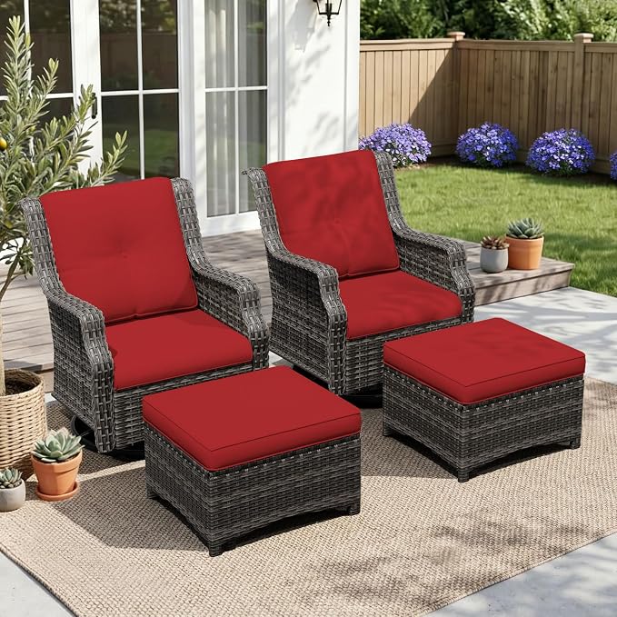 4 Pieces Patio Furniture Set, Outdoor Furniture Set with 2 Patio Swivel Rocking Chairs, 2 PE Rattan Ottoman, Thick Cushions, Ideal for Backyard, Garden, Poolside, Red