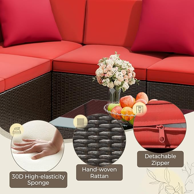 Flamaker 7 Pieces Patio Furniture Set with Fire Pit Table Outdoor Sectional Patio Sofa Furniture Set with Gas Fire Pit and Coffee Table & Ottoman Cushion Pillows, Red