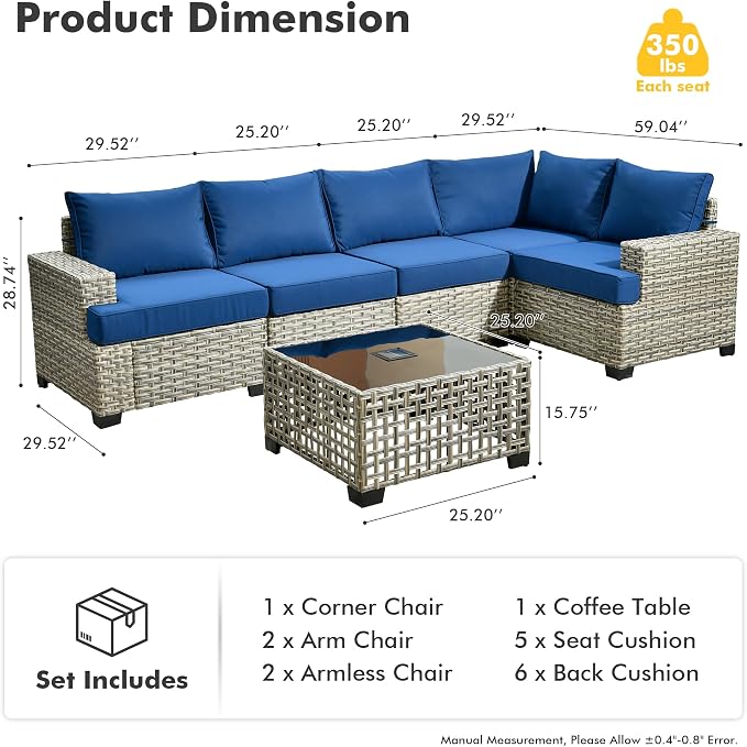HOOOWOOO Sectional Patio Furniture Set with Solar Light Table,6 Pieces Wicker Outdoor Furniture L Shaped Couch,Outside Conversation Set with Extra Deep Seat Sofa Wide Arm,Navy Blue