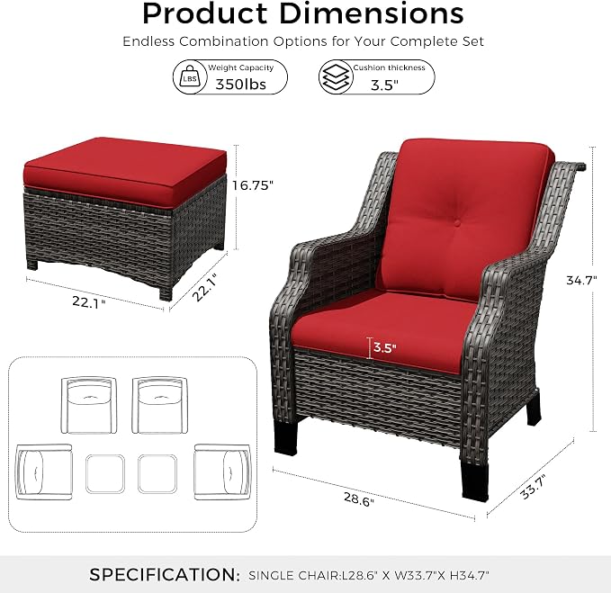 Outdoor Patio Furniture Set, 6 Piece Wicker Patio Furniture with Thick Cushions, Curved Armrest, Deep Seating, Rattan Outdoor Chairs for Porch, Deck, Balcony