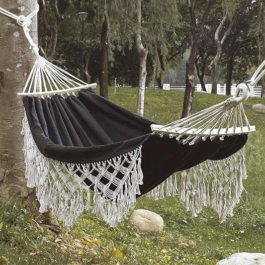 Double Hammock with Tassels, Cotton Canvas Portable Hanging Swing for Indoor Outdoor Use, 150kg Load Capacity, Ideal for Camping and Garden Relaxation