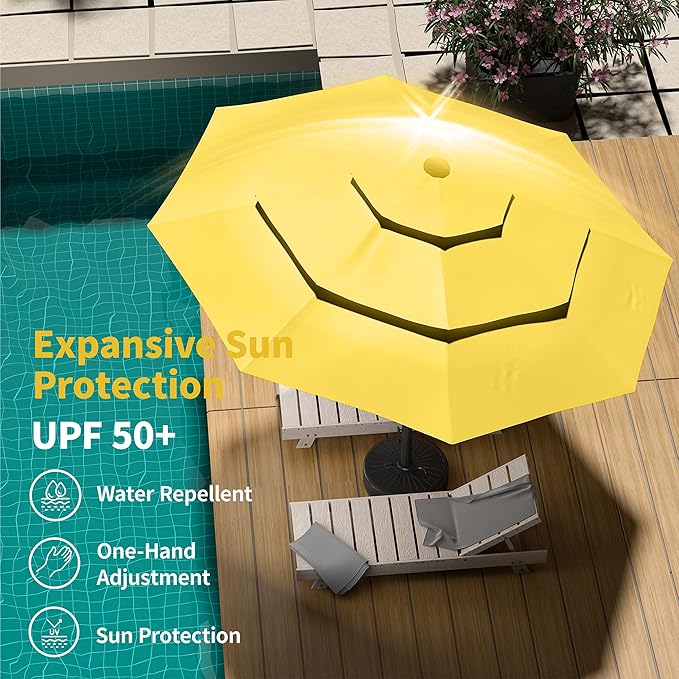 Kingdura 9ft 3-Tier Patio Umbrella with Solar Lights, Table Umbrella Outdoor Patio with Easy Crank & Tilt, 8 Sturdy Ribs, UV Protection, 32 LED Lights for Deck, Poolside, Market (Yellow)
