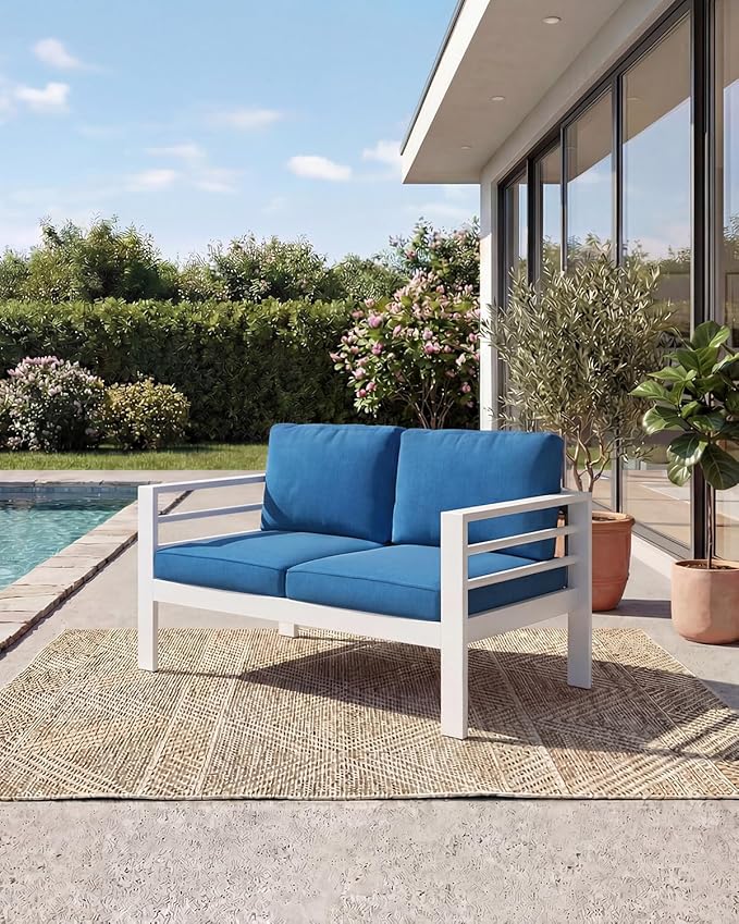 AECOJOY Aluminum Patio Furniture Loveseat, Modern Outdoor Furniture with Washable 5 inch Thick Cushion, Blue Cushion