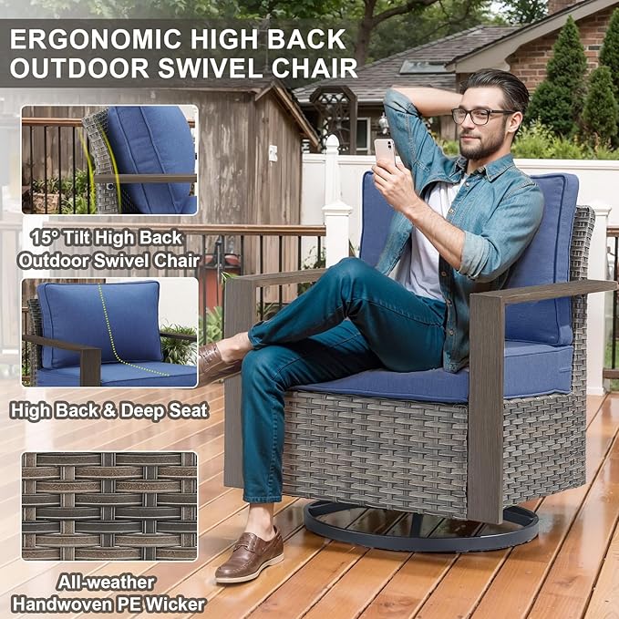 Belord 6 Piece Outdoor Patio Furniture Set with Propane Fire Pit Table, Wicker Patio Conversation Set with 2 Swivel Rocker Chairs Rattan Sofa and Removable 4" Thick Cushions for Deck Backyard