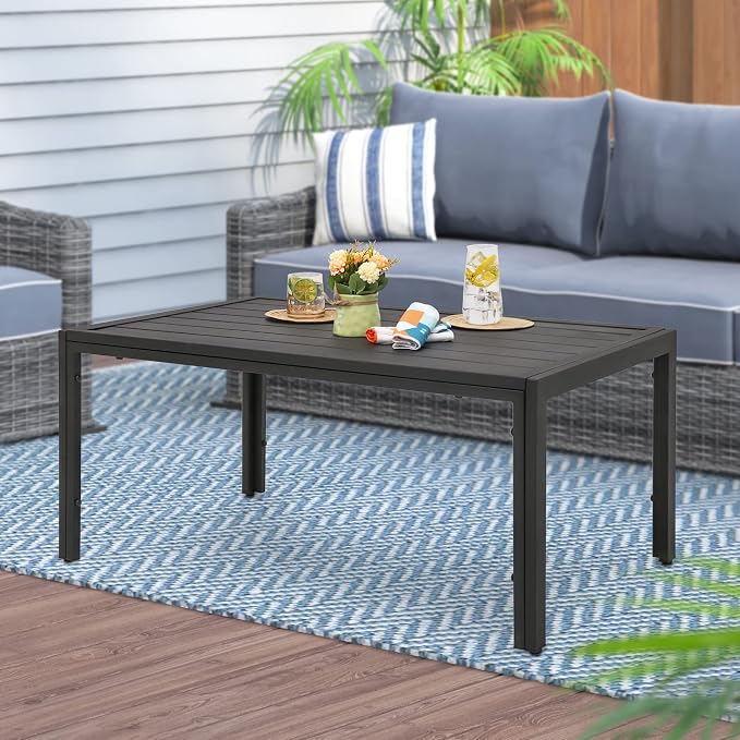 ABBLE Outdoor Coffee Table Steel Slat Black Coffee Table Indoor Outdoor Rectangle Patio Coffee Table for Living Room Café Courtyard Poolside Backyard (Black)