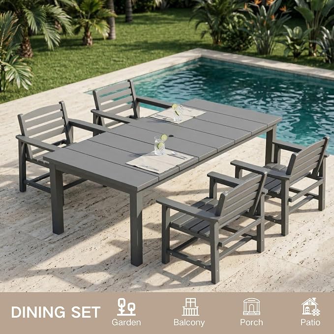 Kingdura 9 Piece Patio Dining Set for 8, 75.2'' HDPE Outdoor Dining Table Set with 2" Umbrella Hole, Weather-Resistant Outdoor Furniture, Table and Chairs Set for Backyard Pool Garden, Grey