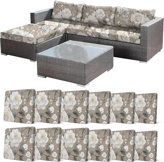 CALBODE 12Pcs Stretch Patio Cushion Cover, Vintage Floral Printed Couch & Sofa Slipcovers for Patio Furniture Cushions Washable Reusable Couch Covers Replacement for All-Season (Cover Only)