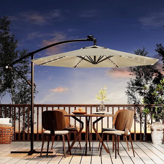 Garvee 10FT Solar Lights Offset Patio Umbrella with Cross Base, Cantilever Umbrella with Easy Lift & Tilt Adjustment, 8 Ribs Sun umbrella UV Protection for Backyard, Pool, Garden, Beige