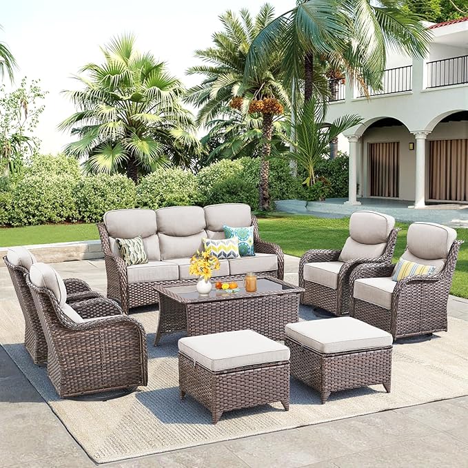 Luxury 8 Pieces Outdoor Patio Furniture Set-All Weather Wicker Swivel Rocker Patio Chairs with 6" Thick Cushion Rattan Sofa Coffee Table, Outdoor Conversation for Garden Porch Backyard(Brown/Beige)