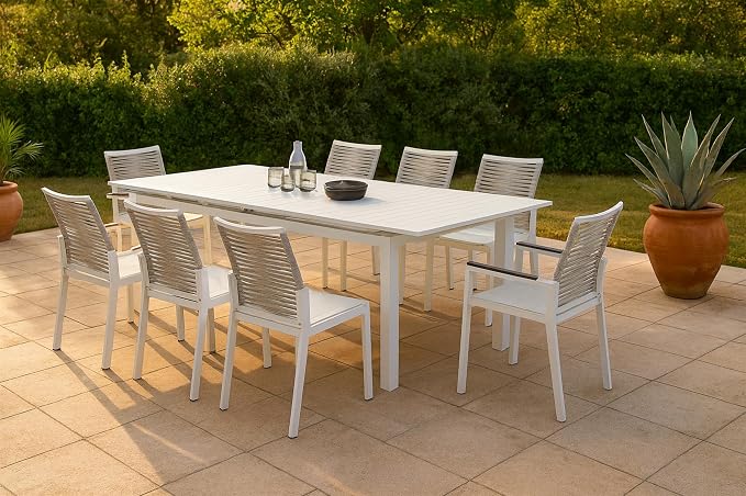 Meridian Furniture 343White-T Maldives Collection Modern | Contemporary Outdoor Patio Extendable Dining Table, White Aluminum Table, 95.5" - 119" W x 43.5" D x 30" H