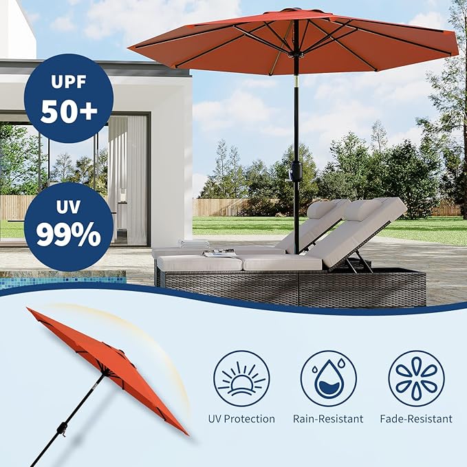 Garvee 10FT Patio Umbrella - Outdoor Table Umbrella with Smooth Crank Lift, Push Button Tilt and 8 Sturdy Ribs - Market Umbrella UV Protection Waterproof for Pool, Deck, Yard, Garden