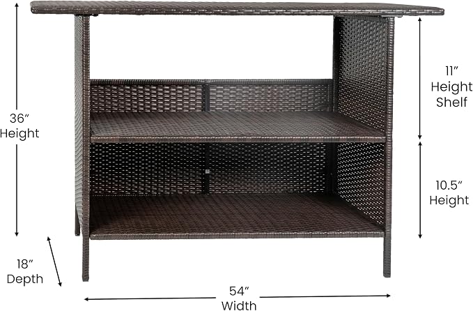 Flash Furniture Marco Indoor/Outdoor Patio Bar Counter Table, All-Weather Wicker Rattan Pattern, 2 Shelves, Brown