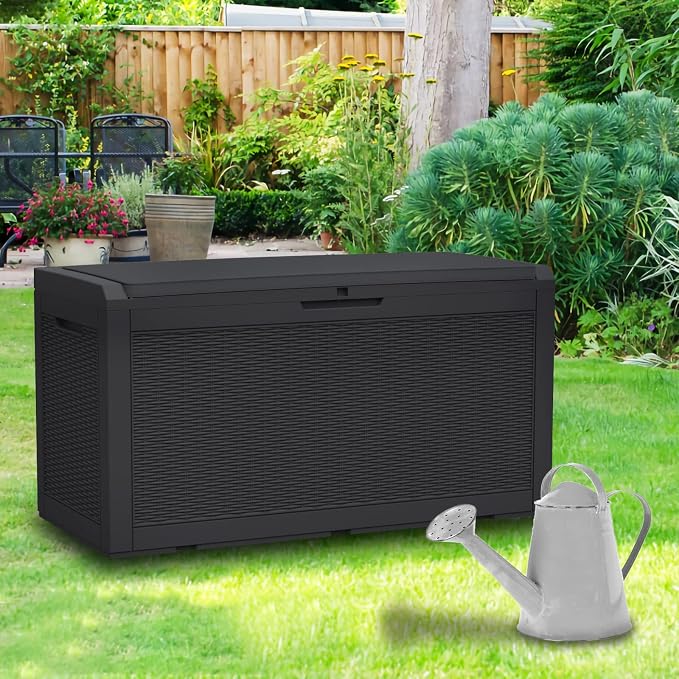 Modern-Depo 100 Gallon Deck Box Waterproof Outdoor Storage Bench | ‎Polypropylene(PP) Pool Towel Storage Bin Porch Delivery Box with Seat Cushion, Black