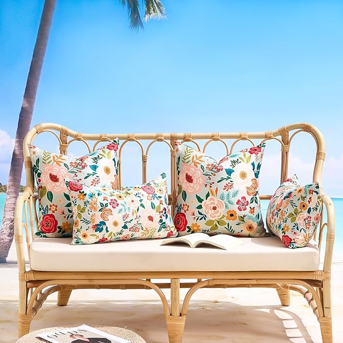 Decorative Outdoor Lumbar Pillow Covers Floral Waterproof Throw Pillow Covers Green Accent Couch Covers Garden Farmhouse Cushion Cases 12x20 Inch Set of 2 for Summer Patio Tent Balcony Furniture Sofa