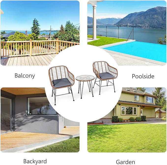 DORTALA 3 Piece Patio Bistro Set, Outdoor Wicker Furniture with Round Tempered Glass Top Table & 2 Rattan Armchairs, Cushions, Conversation Set for Porch, Backyard, Garden, Grey